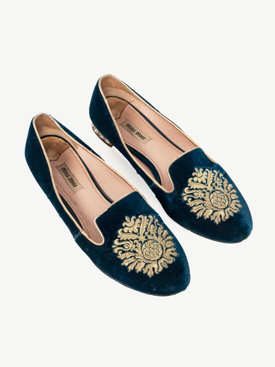 Miu Miu Shoes - Miu Miu PF12 Blue Velvet Embroidered Crystal-Heel Loafers